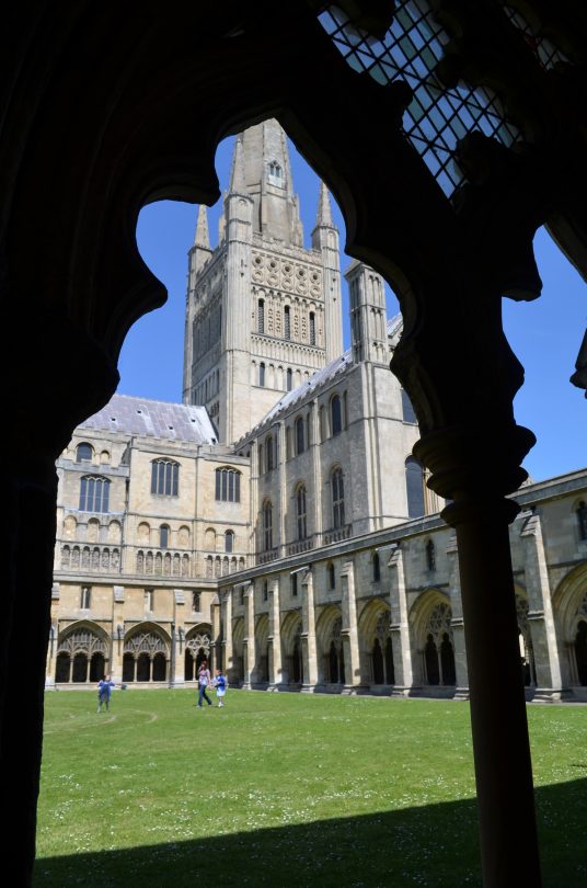 Photo take from the cloister looking up at the cathedral