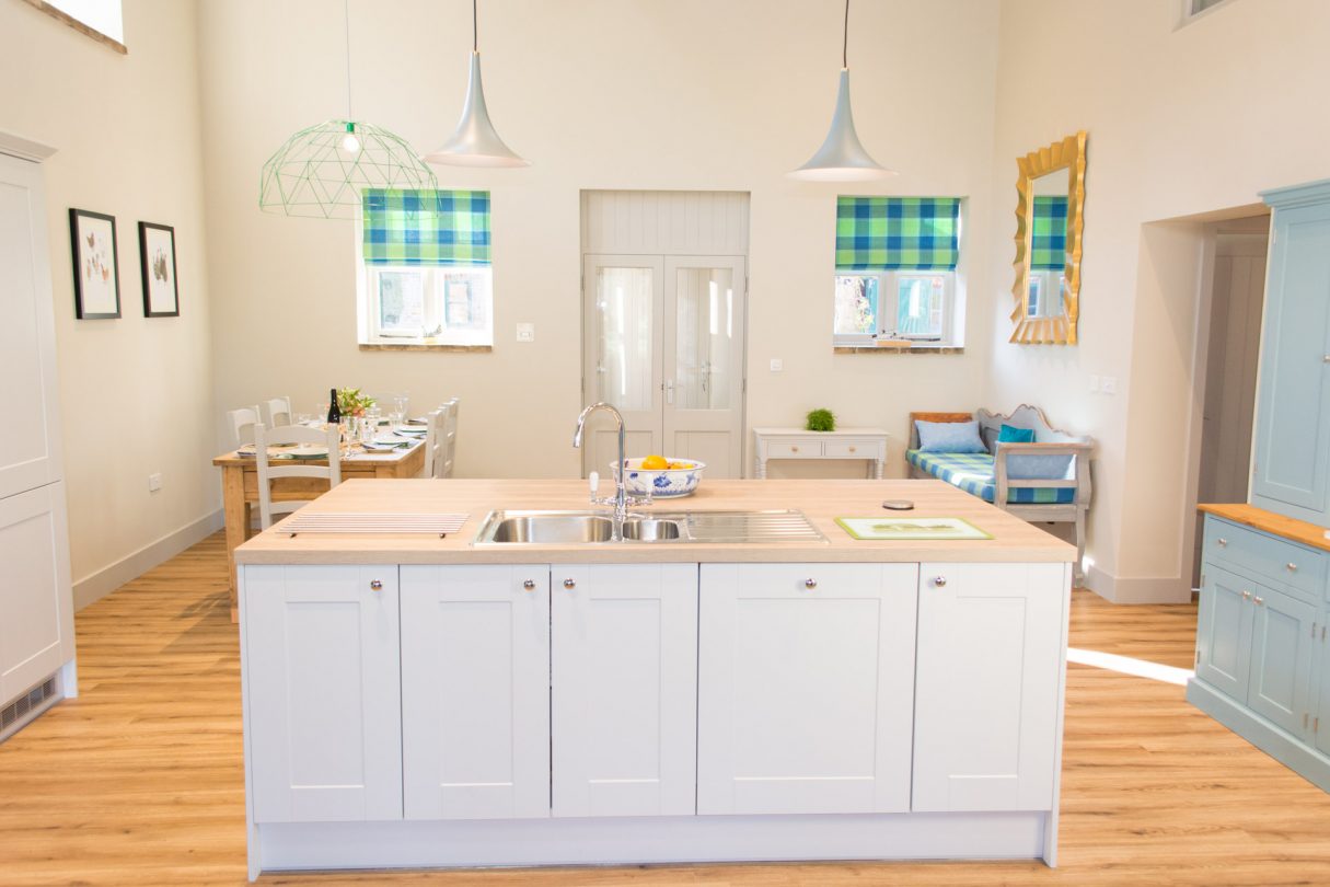 The kitchen island and front entrance to Boathouse Barn