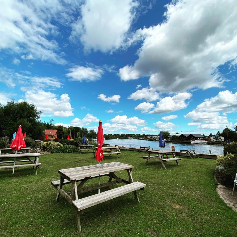 Riverside beer garden and Coldham Hall