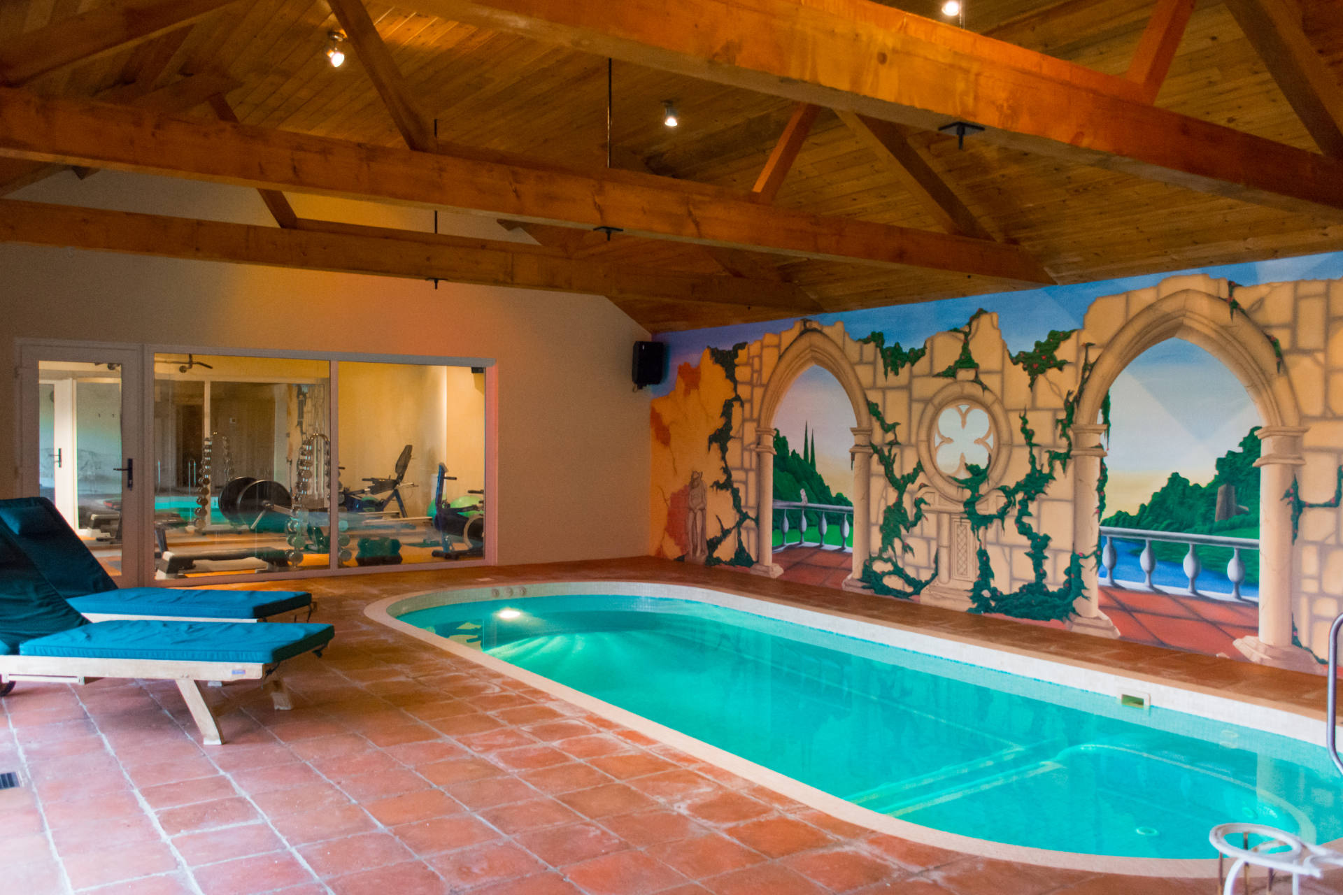 Manor Lodge heated pool and gym area.
