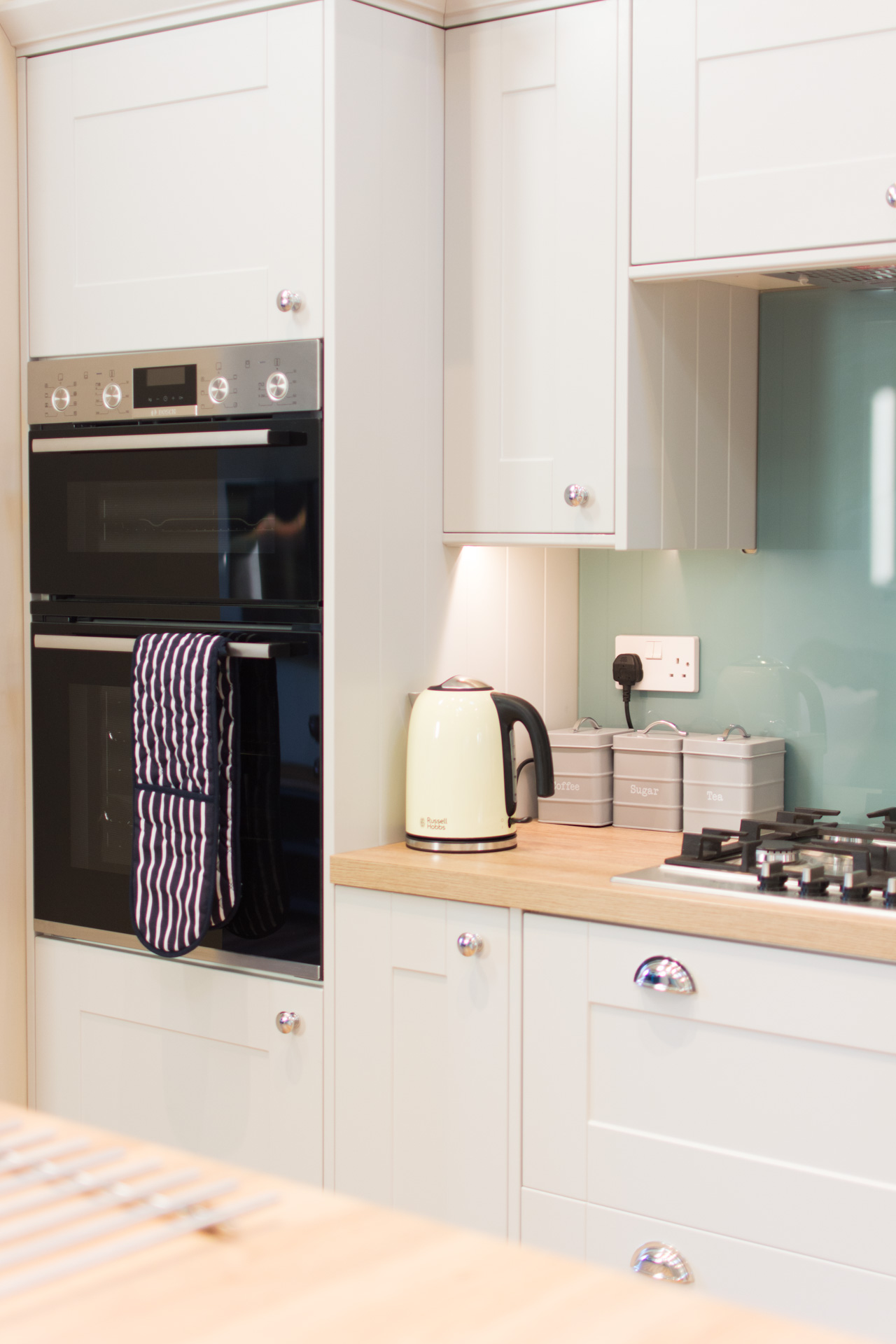 Close up of the kitchen worktop showing amenities including the kettle and toaster.